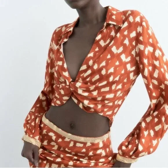 Zara Small Terracotta Print Linen Blend Twist Front Crop Top NWT Beaded Cuffs - Picture 6 of 16